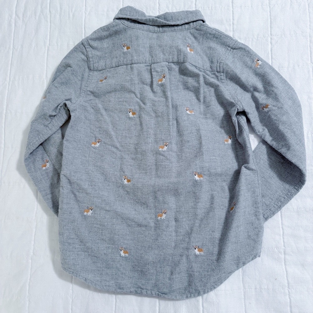 Janie & Jack Boys 6 Brushed Oxford Long Sleeve Shirt Gray Embroidered Corgi Dog - Picture 8 of 8